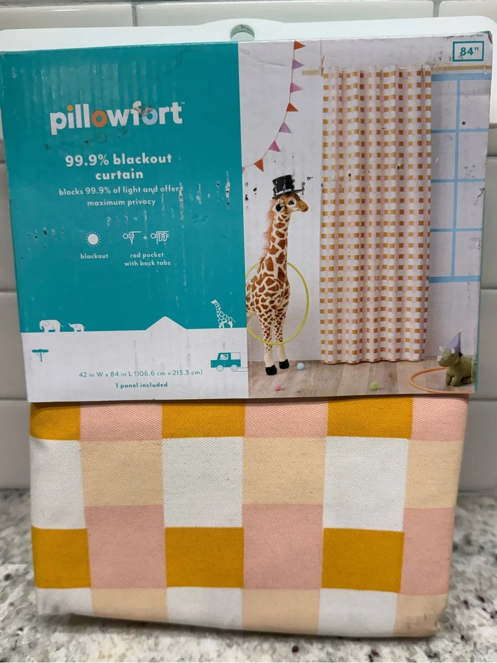 42”Wx84”L Pillowfort Checkered Blackout Kids Curtain - Orange & Pink w/Panel NWT